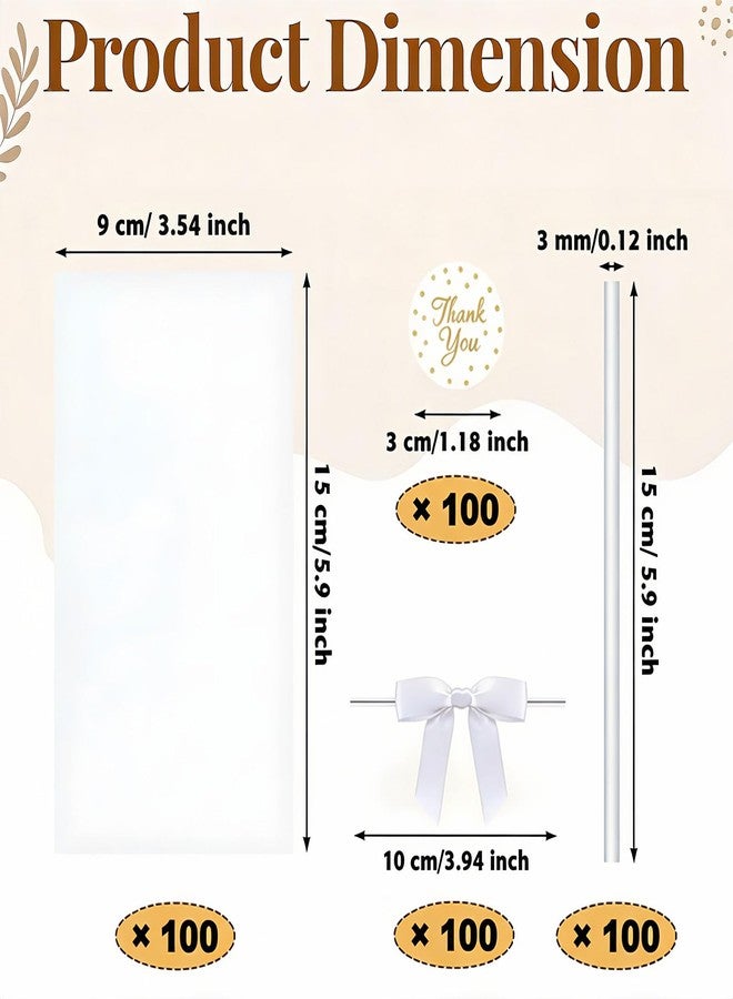Treayes 100PCS Clear Rice Krispie Treat Bags with Ribbon Bow and Thank You Stickers, Flat Cellophane Bags for Individually Wrapped Cake Pops, Cakesicles,Candies, Chocolates, Marshmallow, Macarons, Cookies(White) - Image 2
